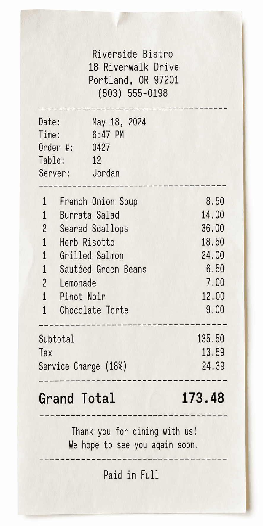 A restaurant receipt ready to review